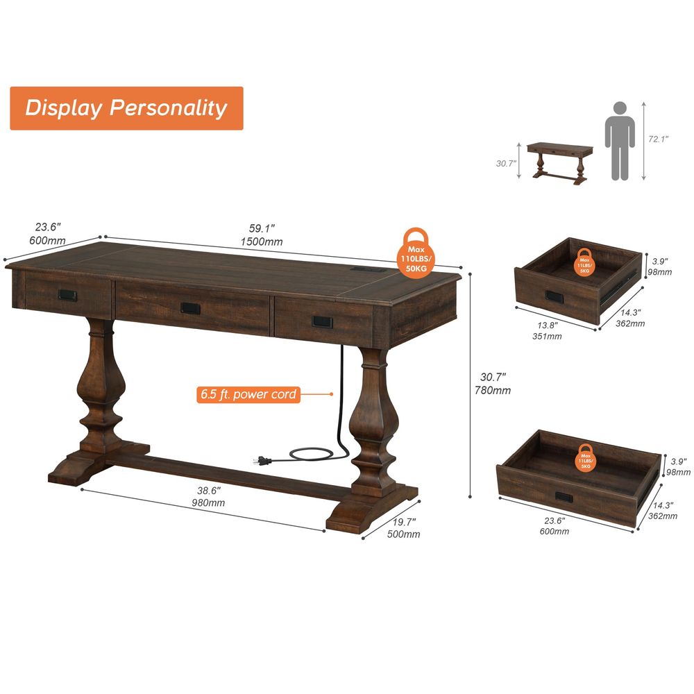 60inch Vintage Wood Home Offic - đánh giá và giá Home Office Desk With Drawers